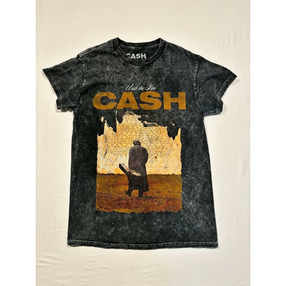 Johnny Cash Walk the Line Graphic T-Shirt Mens Small Acid Wash Charcoal Grey SM
